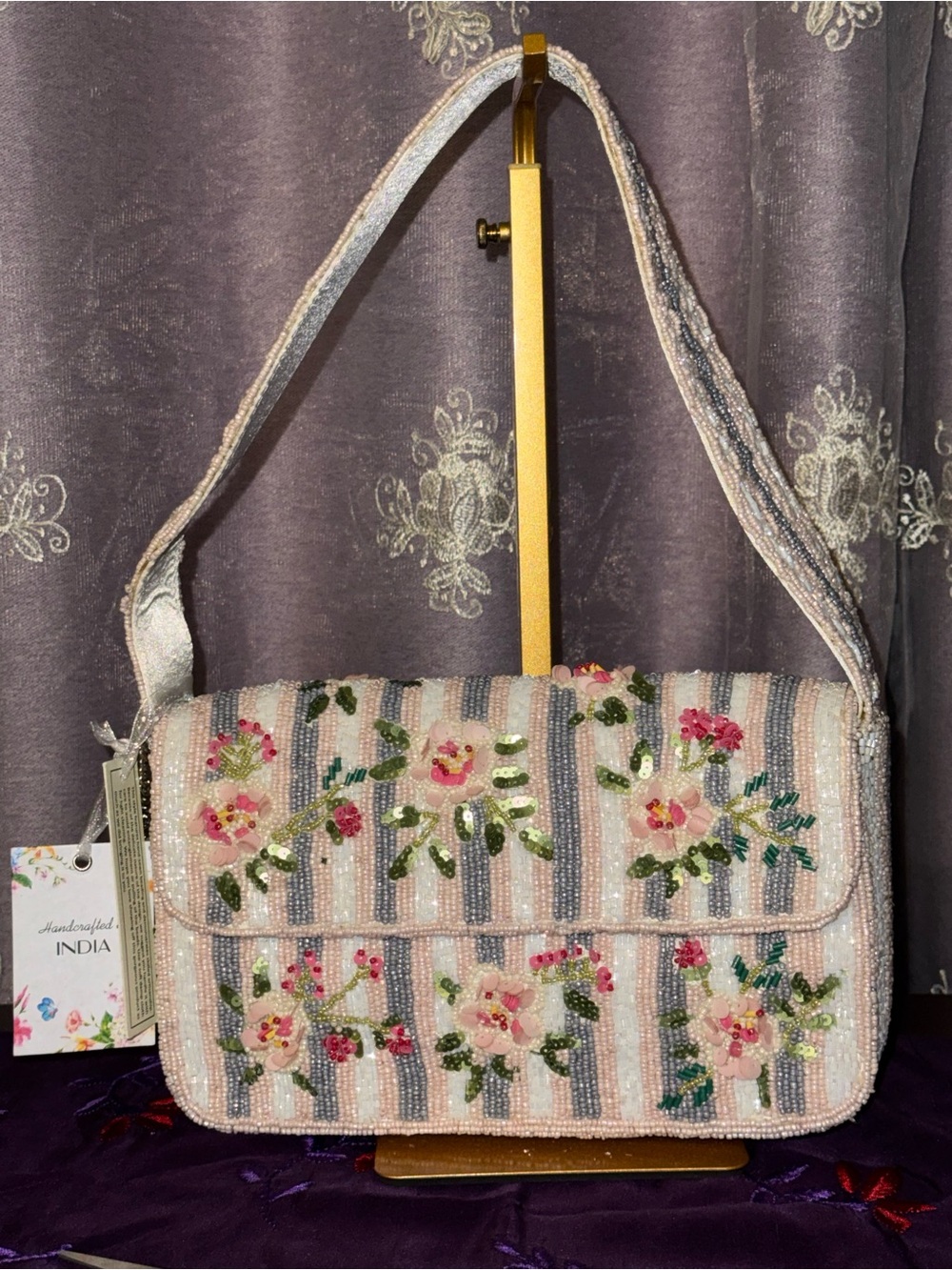 NWT Handcrafted India Pink Floral Striped Beaded Flap Bag